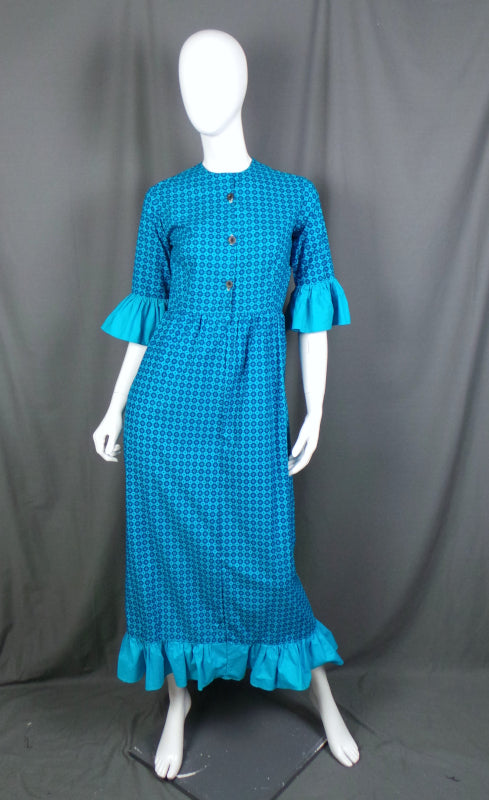 1970s Turquoise Prairie Frill Sleeve Vintage Dress | Richard Shops