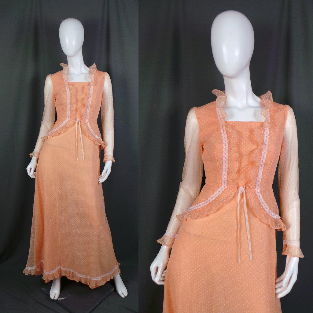 1970s Peach Swiss Dot Peplum Vintage Maxi Dress