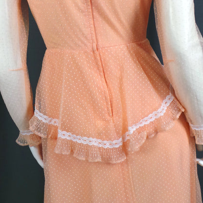 1970s Peach Swiss Dot Peplum Maxi Dress | XS