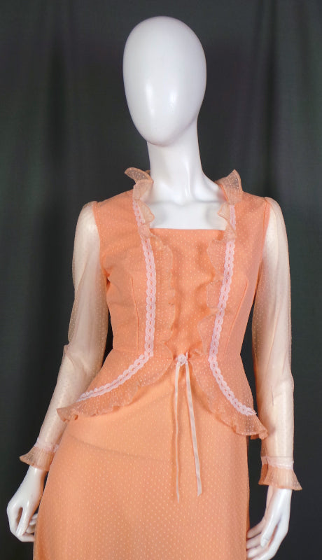 1970s Peach Swiss Dot Peplum Maxi Dress | XS