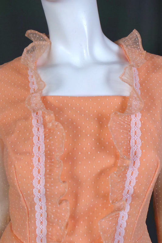 1970s Peach Swiss Dot Frilled Peplum Maxi Dress, 35in Bust