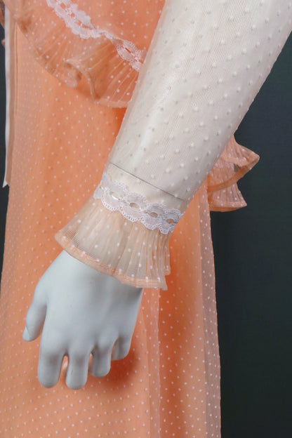 1970s Peach Swiss Dot Frilled Peplum Maxi Dress, 35in Bust