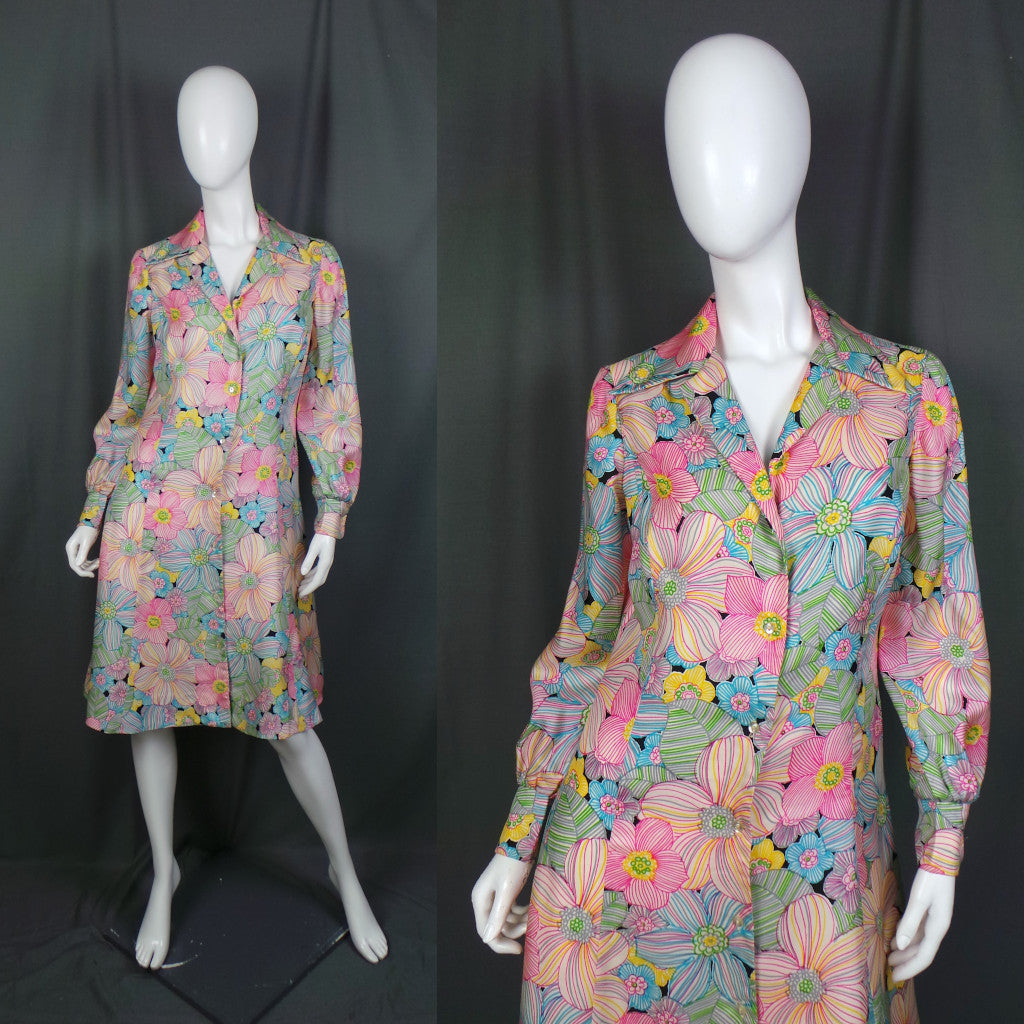 1970s Bold Floral Silk Vintage Shirtdress | David Barr
