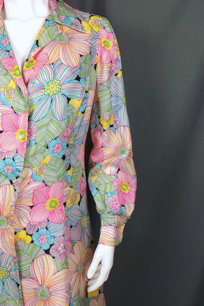 1970s Bold Floral Silk Shirtdress, by David Barr, 39in Bust