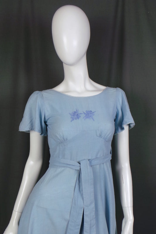 1970s Blue Wrap Back Cotton Dress Chelsea Girl XS Honeykins