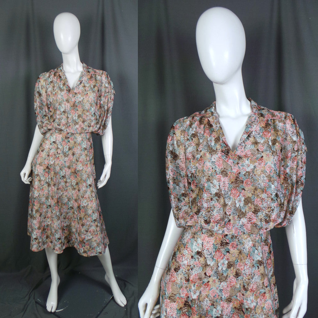 1980s Peach and Tan Floral Lace Vintage Blouson Dress, by Kati
