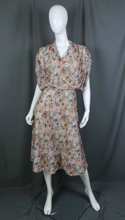 1980s Peach and Tan Floral Lace Blouson Dress, by Kati, 38in Bust