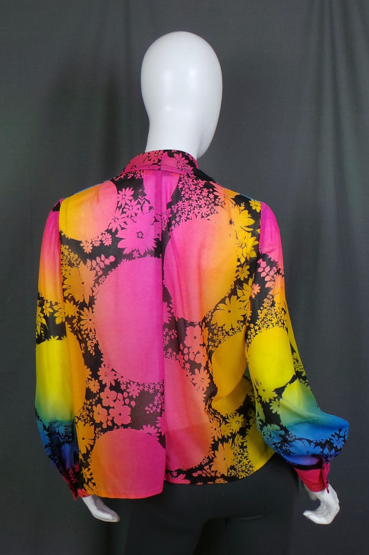 1970s Rainbow Floral Balloon Sleeve Shirt, 44in Bust
