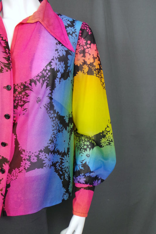 1970s Rainbow Floral Balloon Sleeve Shirt, 44in Bust