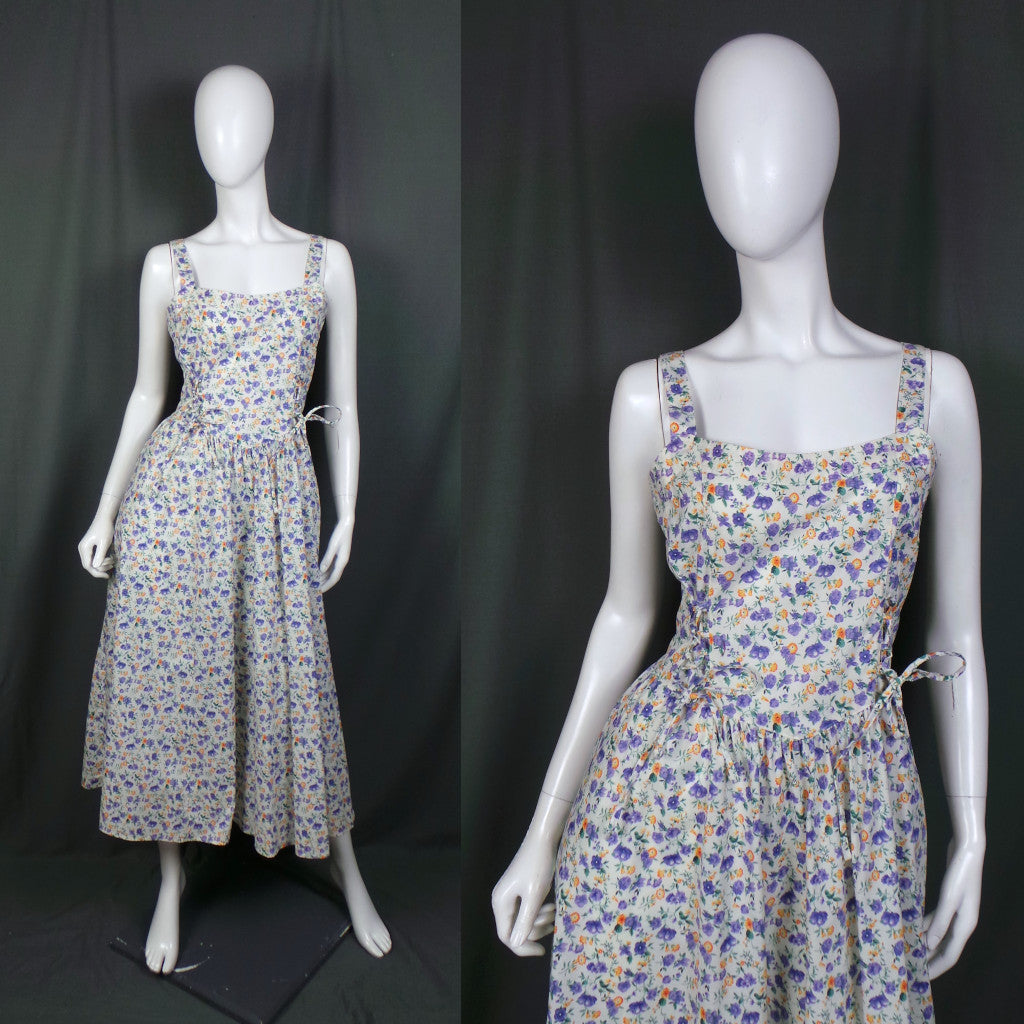 1980s White, Purple and Orange Flower Vintage Summer Dress, by C&A