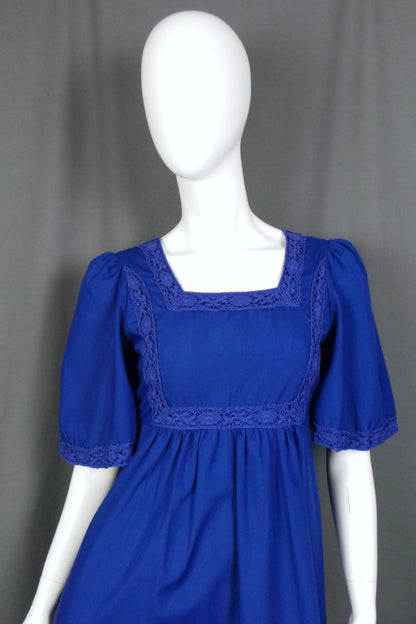 1960s Mid-Blue Flutter Sleeve Prairie Dress | XS
