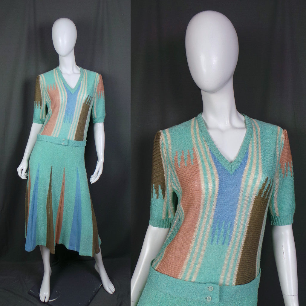 1970s Aqua Fine Knit Belted Vintage Dress, by Tricoville