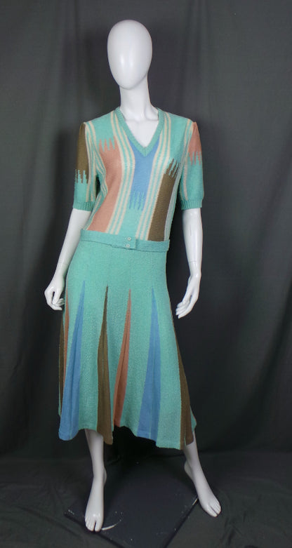 1970s Aqua Fine Knit Belted Dress, by Tricoville, 37in Bust