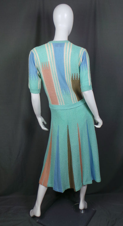 1970s Aqua Fine Knit Belted Dress, by Tricoville, 37in Bust