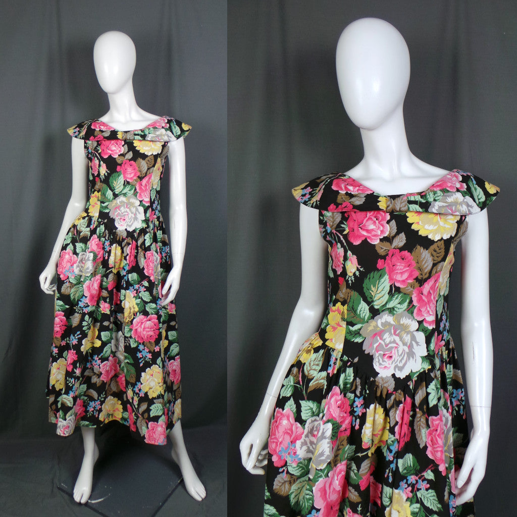 1980s Black Cabbage Rose Print Vintage Cotton Dress, by Miss Selfridge