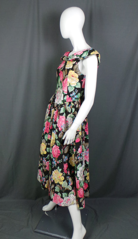 1980s Black Cabbage Rose Print Cotton Dress, by Miss Selfridge, 34in Bust