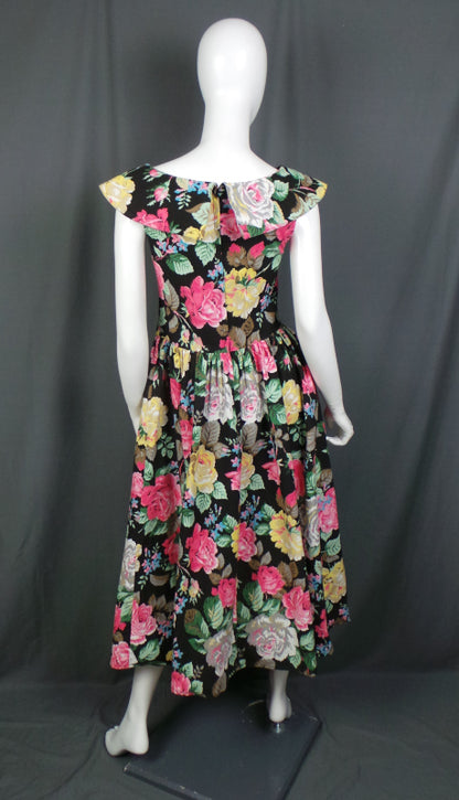 1980s Black Cabbage Rose Print Cotton Dress, by Miss Selfridge, 34in Bust