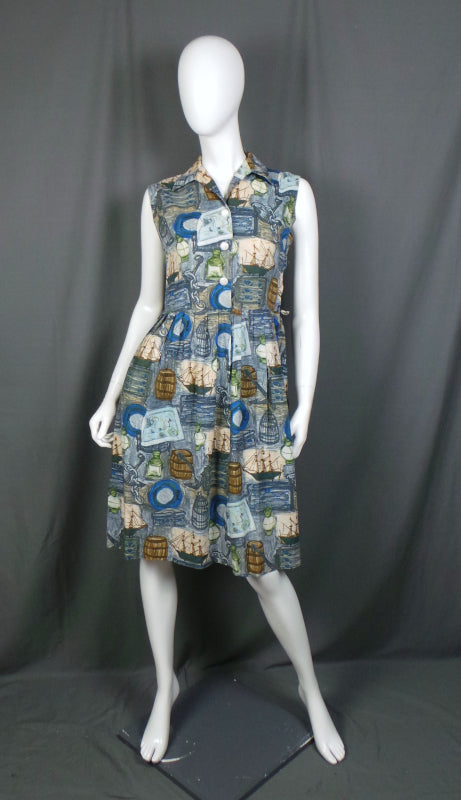 1950s Blue Sailing Pirate Print Dress Dorothy Perkins L