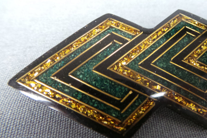 1980s Art Deco Revival Gold, Black and Green Brooch