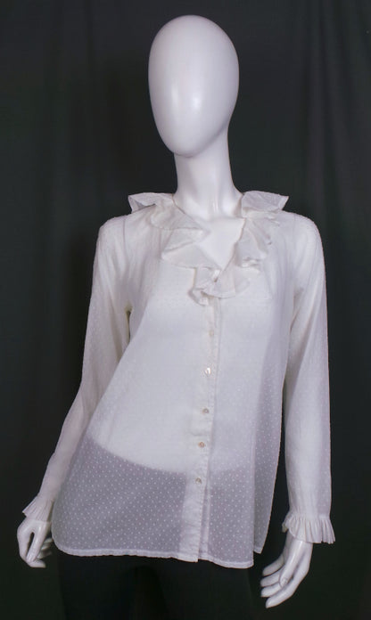 1980s White Swiss Dot Frill Front Blouse, by Laura Ashley, 40in Bust