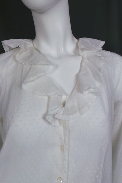 1980s White Swiss Dot Frill Front Blouse, by Laura Ashley, 40in Bust