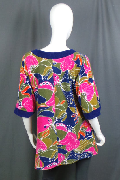 1970s Green and Pink Print Towelling Tunic Top, 42in Bust
