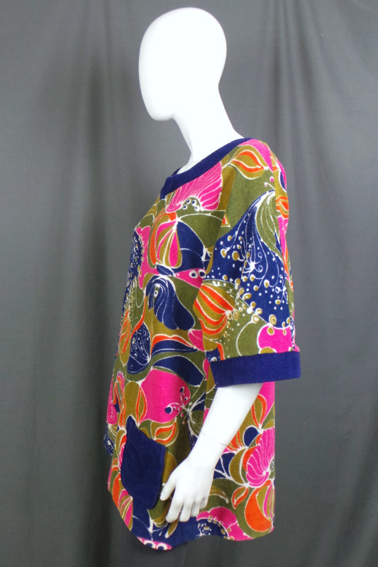 1970s Green and Pink Print Towelling Tunic Top, 42in Bust
