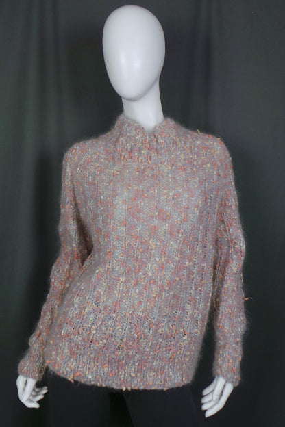 1980s Peach and Grey Nubbly Handknit Jumper, 46in Bust