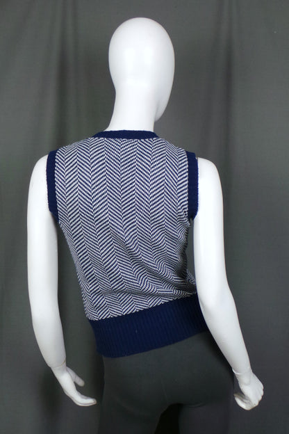 1970s Navy and White Chevron Knit Vest Tank, by St Michael, 36in Bust