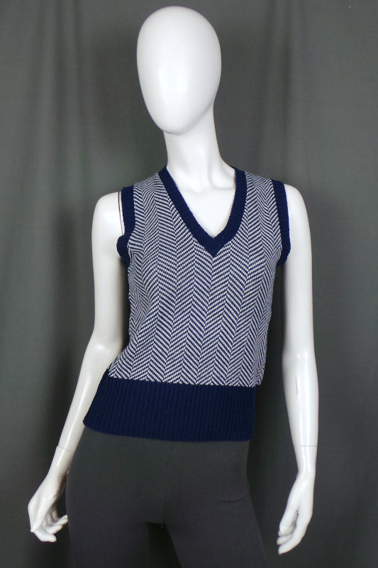1970s Navy and White Chevron Knit Vest Tank, by St Michael, 36in Bust