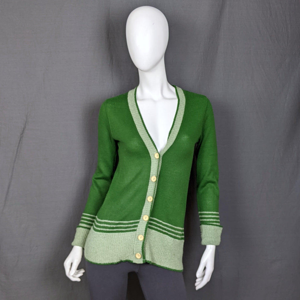 1970s Green Stripe Varsity Style Vintage Cardigan, by Irvine Sellars
