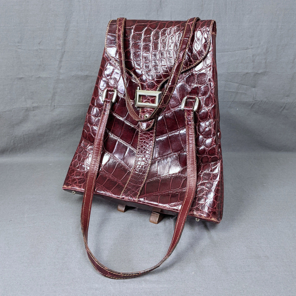 1960s Vintage Harrods Maroon Croc Leather Satchel Bag