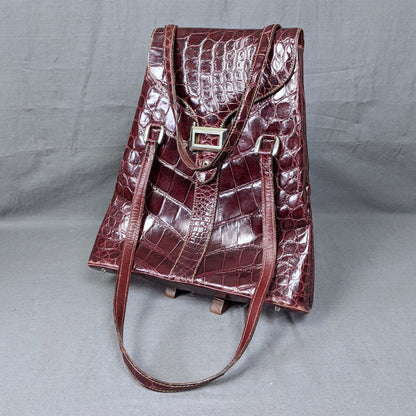 1960s Vintage Harrods Maroon Croc Leather Satchel Bag