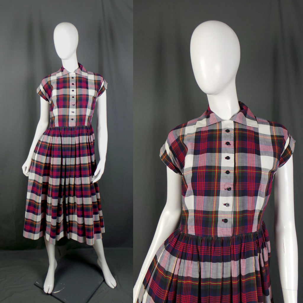 1950s Purple Plaid Check Vintage Shirtwaister Dress