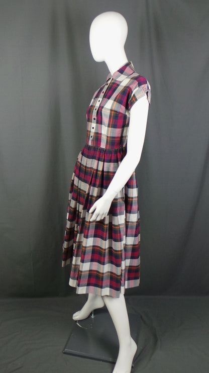 1950s Purple and Red Plaid Check Classic Shirtwaister Dress, 38in Bust