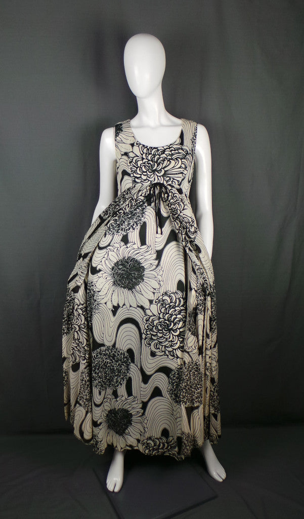1970s Black and White Floral Maxi Dress with Cape Skirt, by Frederick Howard, 36in Bust