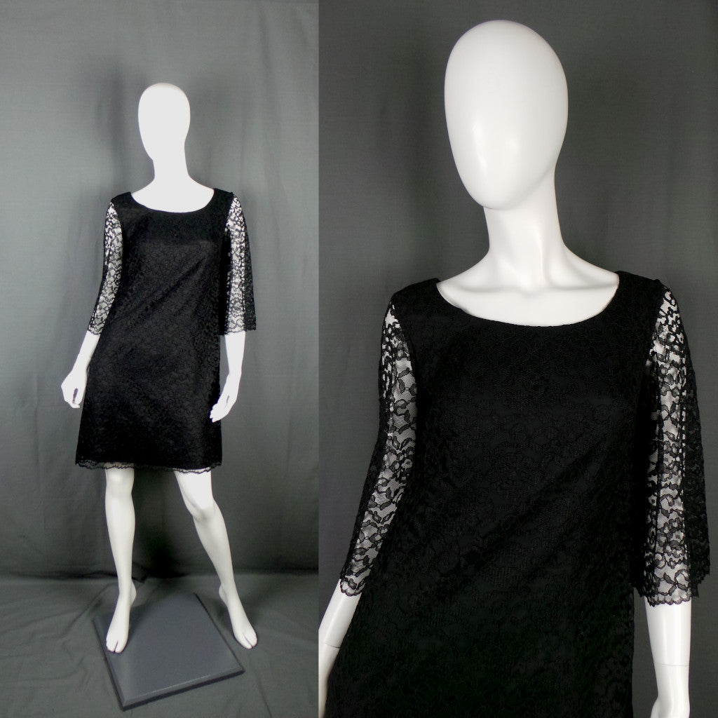 1960s Black Lace Overlay Mini Dress with Bow Back, by Blanes, 37in Bust