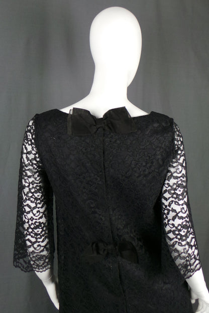 1960s Black Lace Overlay Mini Dress with Bow Back, by Blanes, 37in Bust