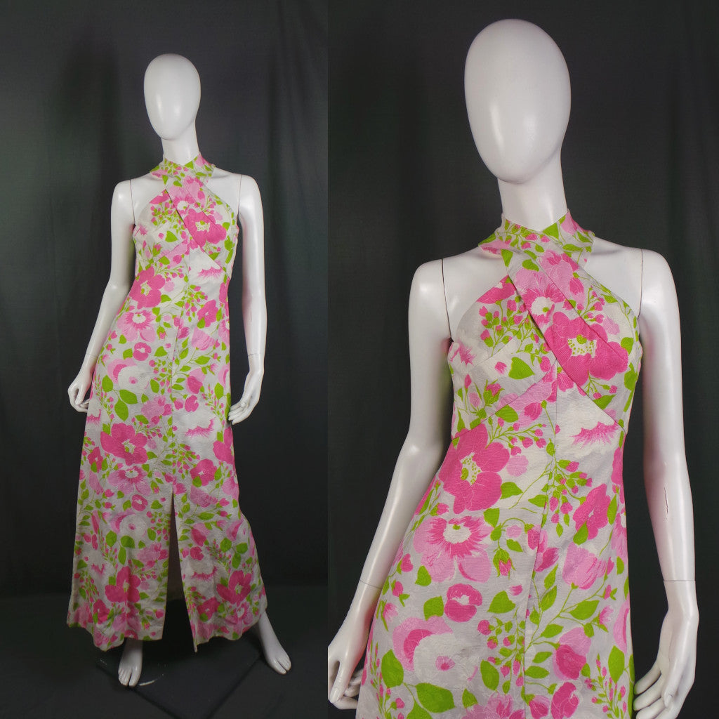 1970s Pink & White Peony Vintage Open Back Dress | Estevez