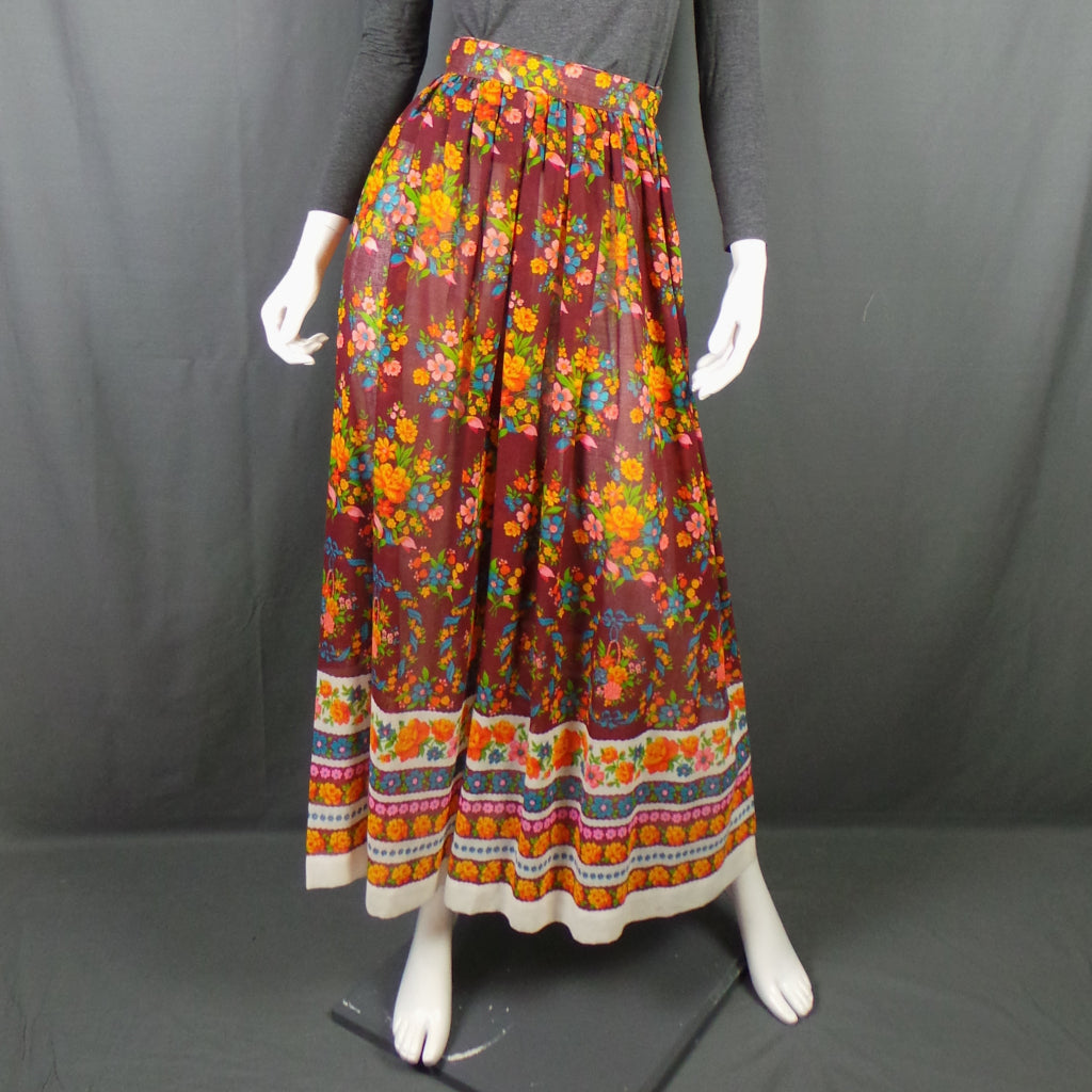 1960s Bright Floral Sheer Boho Vintage Maxi Skirt