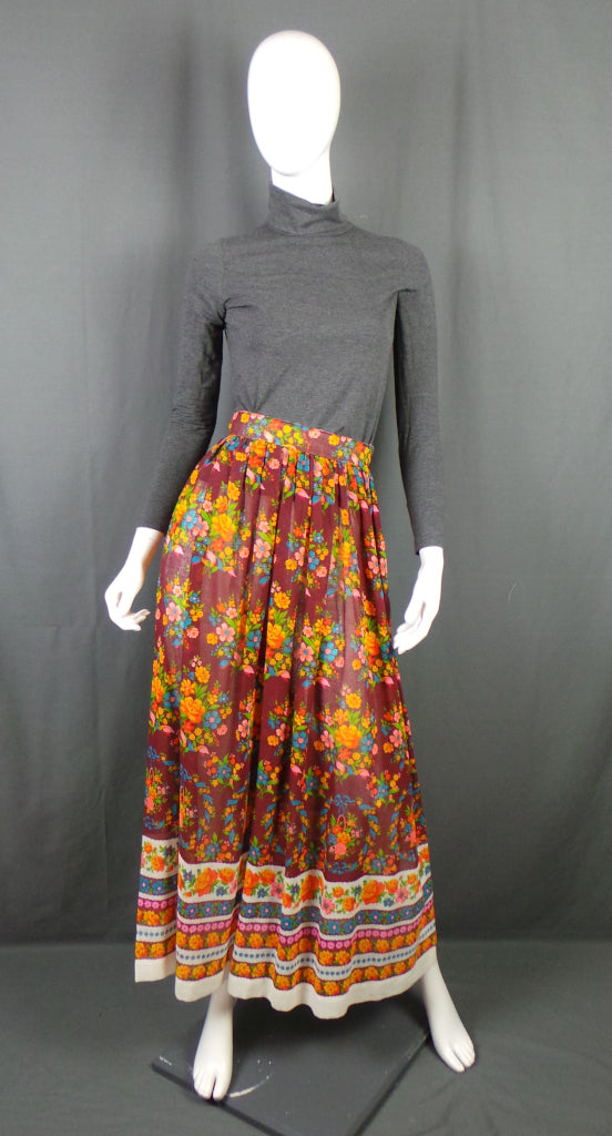 1960s Bright Floral Sheer Boho Vintage Maxi Skirt