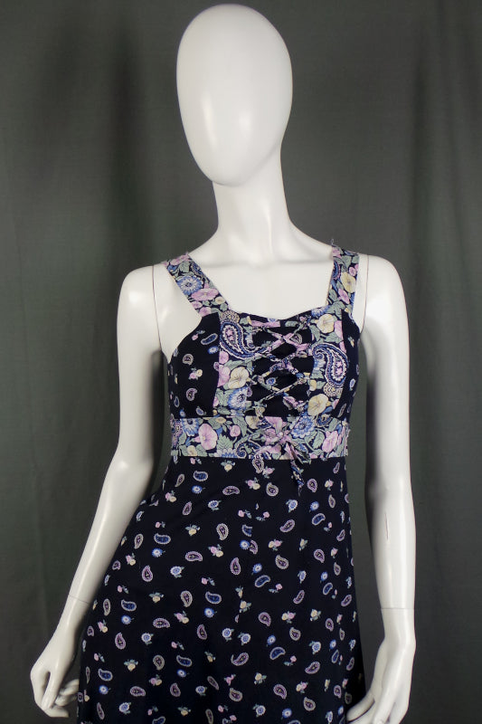 1960s Navy Floral & Paisley Summer Dress | 2XS