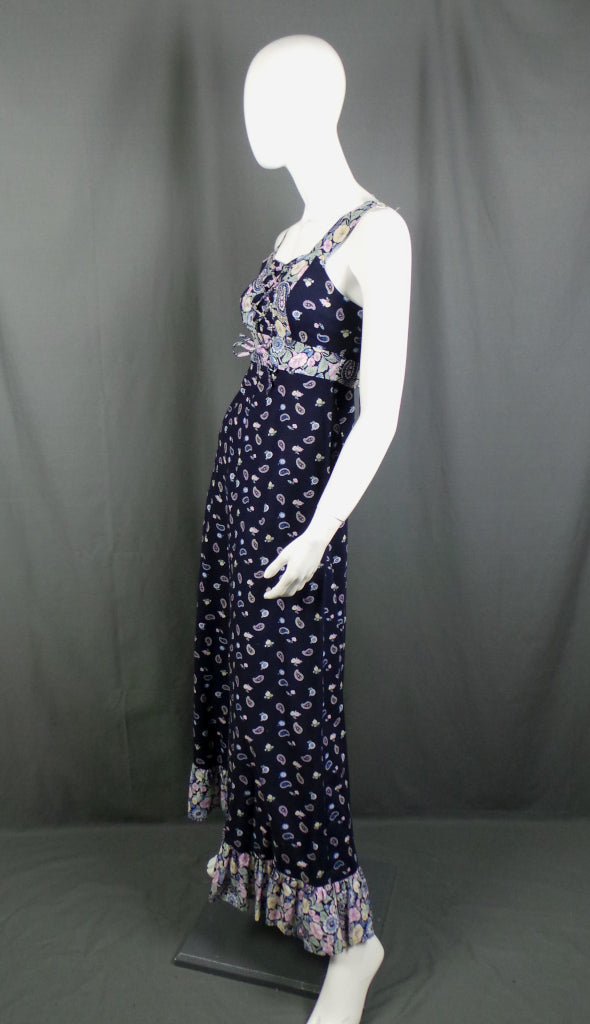 1960s Navy Floral & Paisley Summer Dress | 2XS