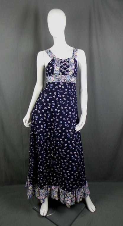 1960s Navy Floral & Paisley Vintage Summer Dress