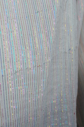 1960s White Fine Cotton Rainbow Lurex Thread Boho Top, 42in Bust