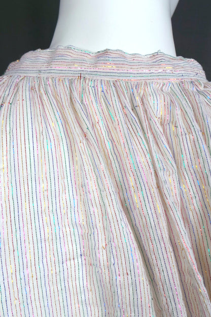 1960s White Fine Cotton Rainbow Lurex Thread Boho Top, 42in Bust