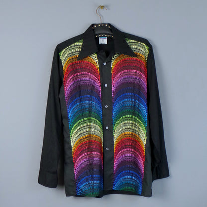 1970s Rainbow Embroidered Front Black Dagger Collar Vintage Mens Shirt, by Globetrotter