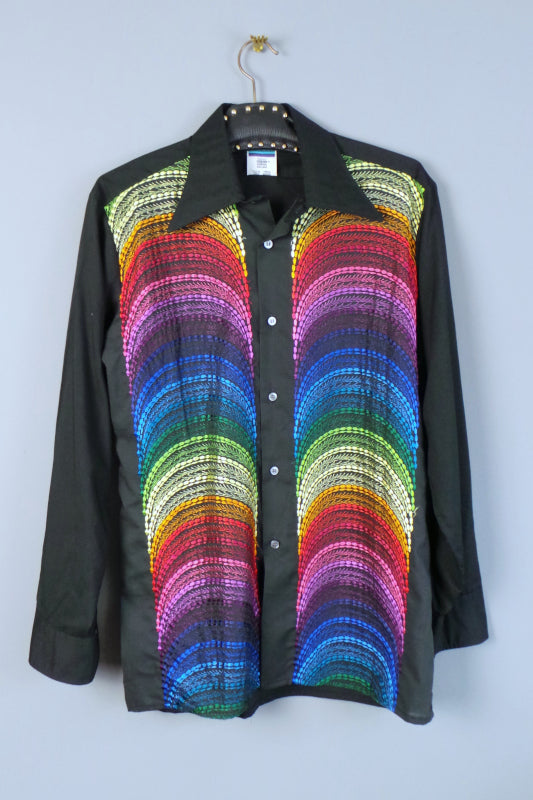 1970s Rainbow Embroidered Front Black Dagger Collar Shirt, by Globetrotter, 45in Chest
