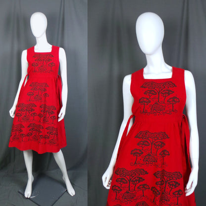 1970s Red Tree Print Vintage Pinafore Dress, by Human Beings