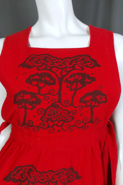 1970s Red Tree Print Pinafore Dress, by Human Beings, 28in Waist